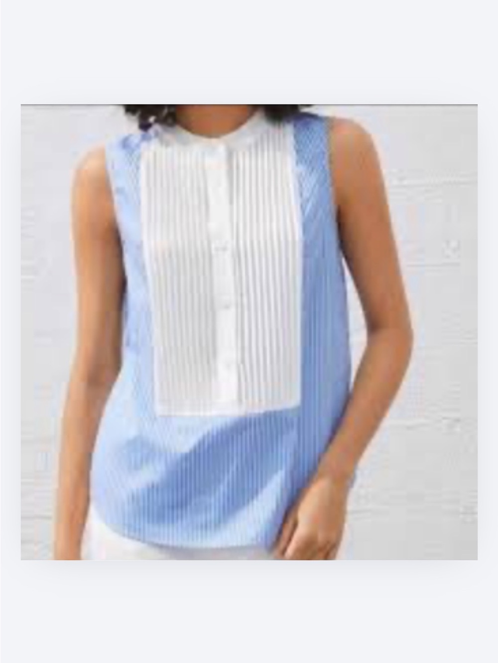 Sleeveless Blue & White Stripe Tuxedo Pintuck Top